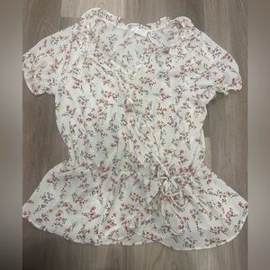 Sienna Sky Floral Ruffle Wrap Top in White with Pink, Yellow & Blue Accents